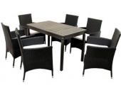 7tlg. Polyrattan Sitzgruppe Las Vegas inkl. Sitzkissen, schwarz, Holztisch EVJE ca. 120 x 70 cm